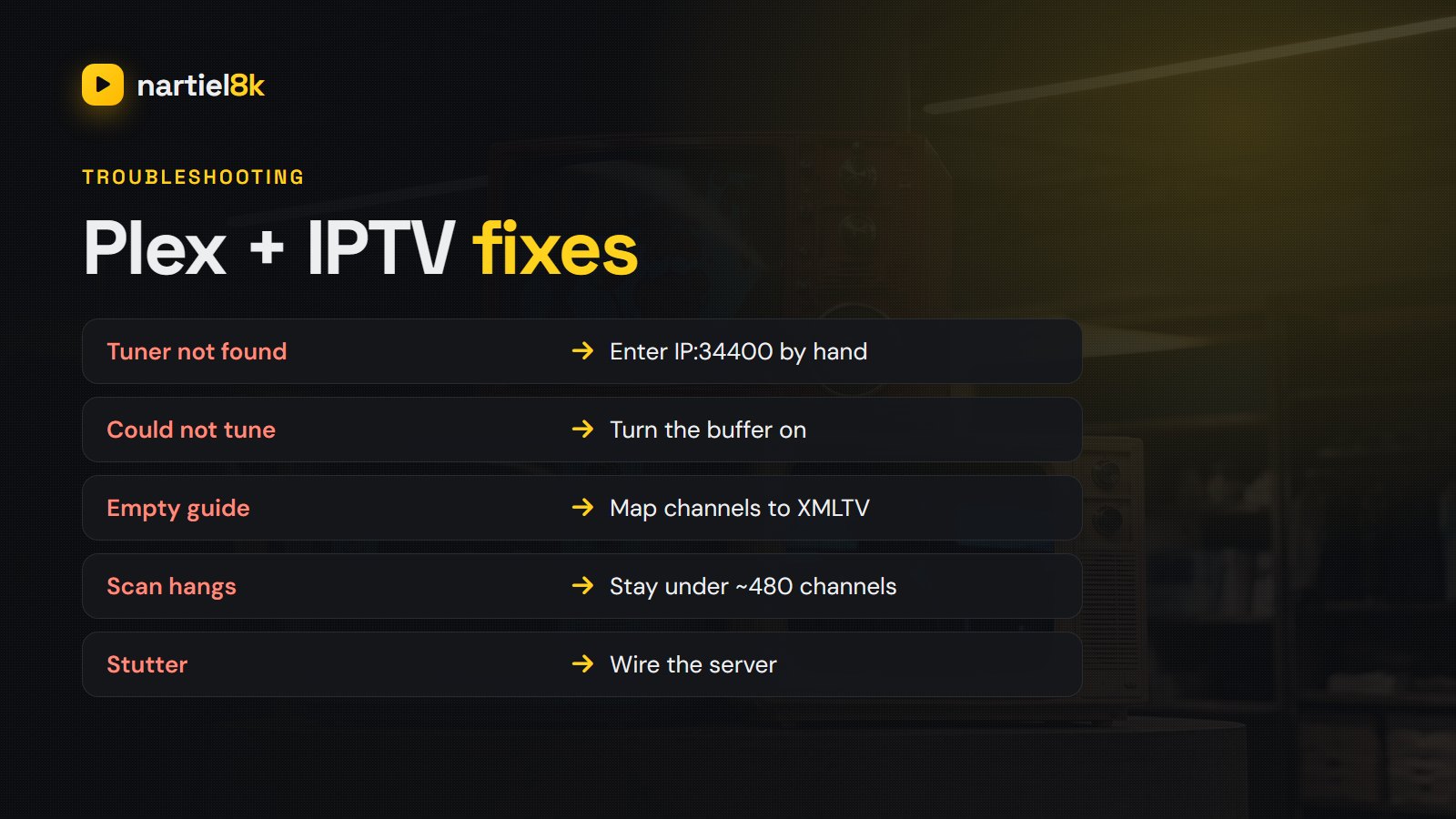 Plex and IPTV troubleshooting: tuner not found, could not tune, empty guide, scan hangs, stutter