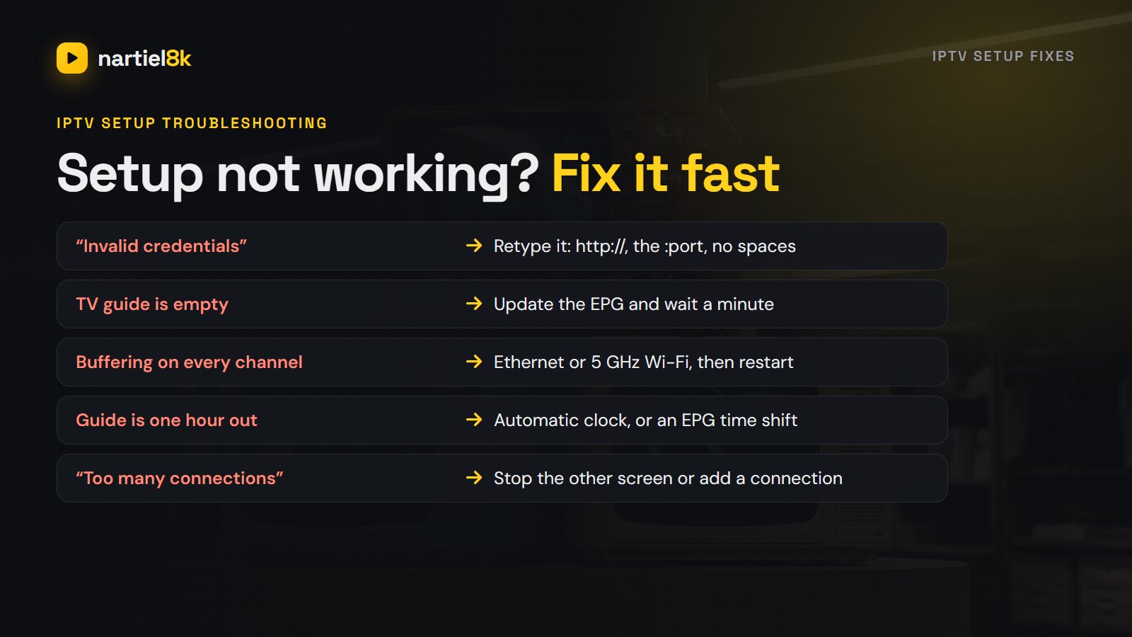 IPTV setup not working fixes: invalid credentials, empty TV guide, buffering, wrong guide time and too many connections