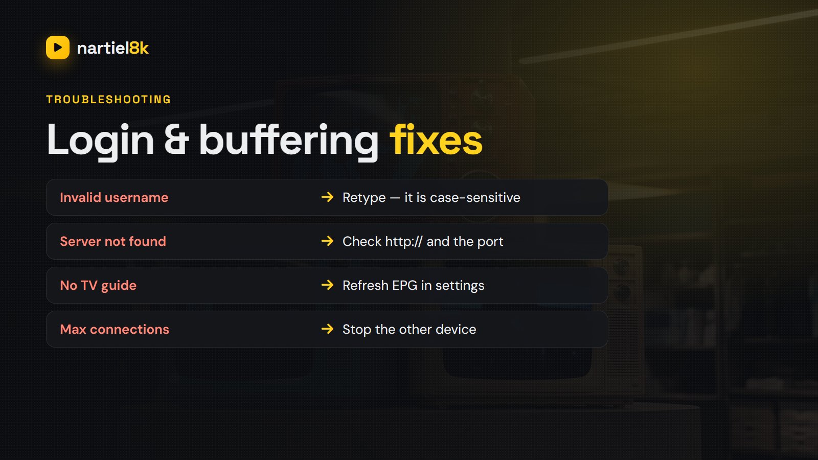 Fixing Nartiel8K login and buffering problems step by step