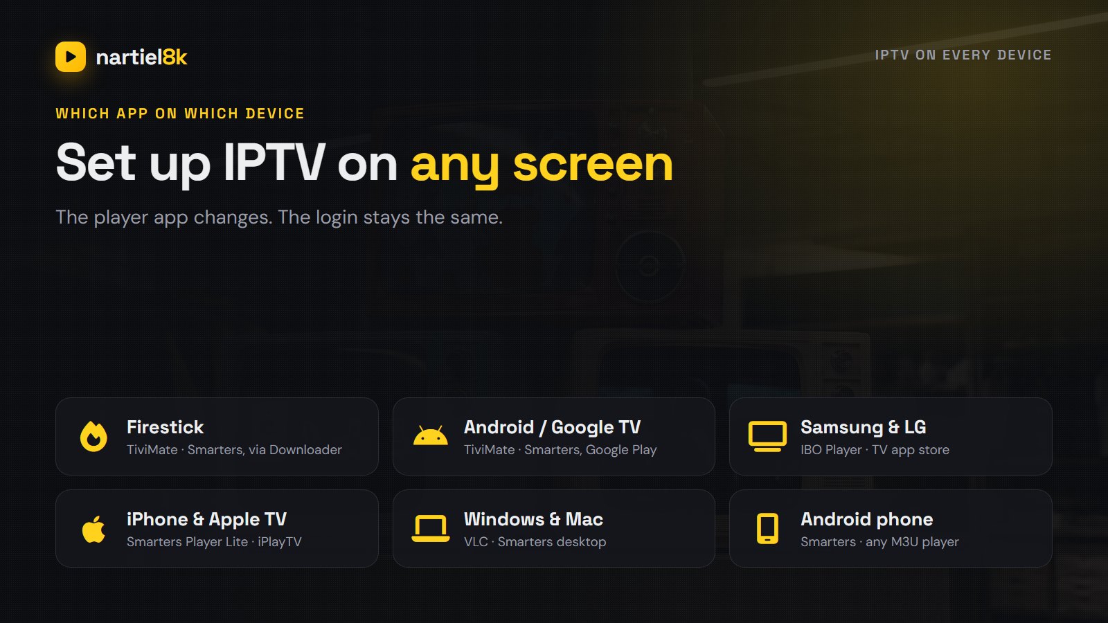 Set up IPTV on Firestick, Android TV, Google TV, Samsung and LG Smart TVs, Apple TV, iPhone and PC: which player app to use on each