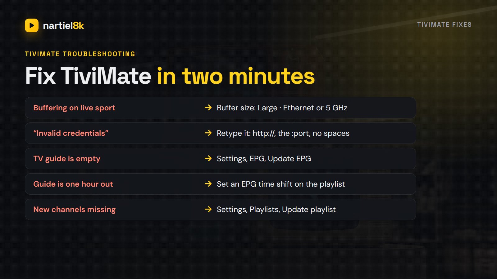 TiviMate not working fixes: buffering, invalid credentials, empty TV guide, wrong EPG time and missing channels