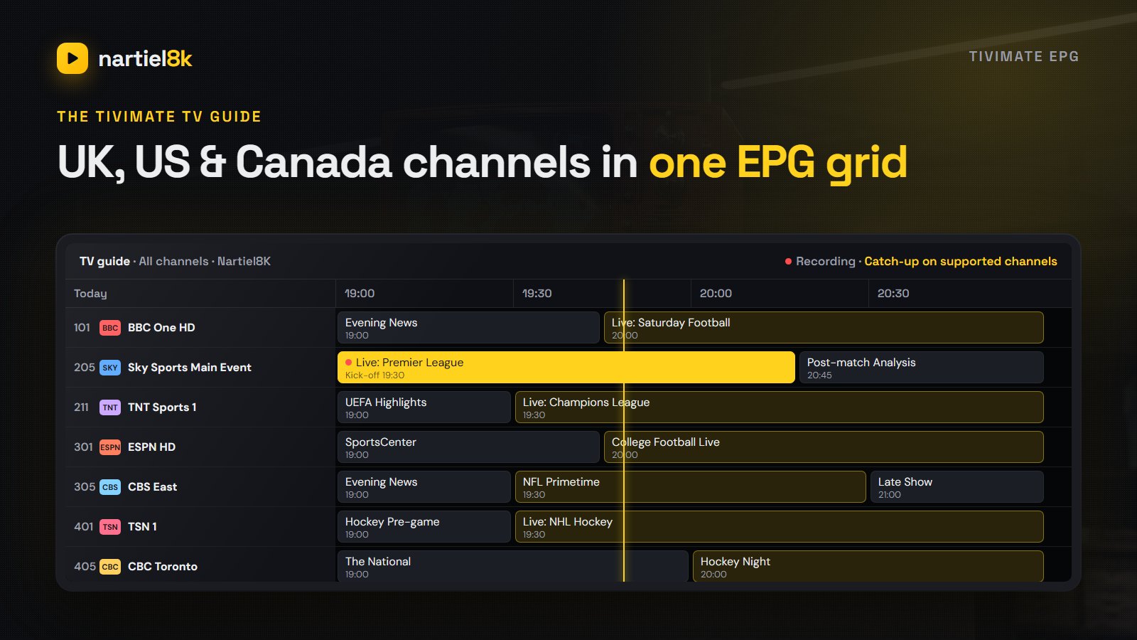 TiviMate TV guide grid with Nartiel8K UK, US and Canada channels, recording and catch-up